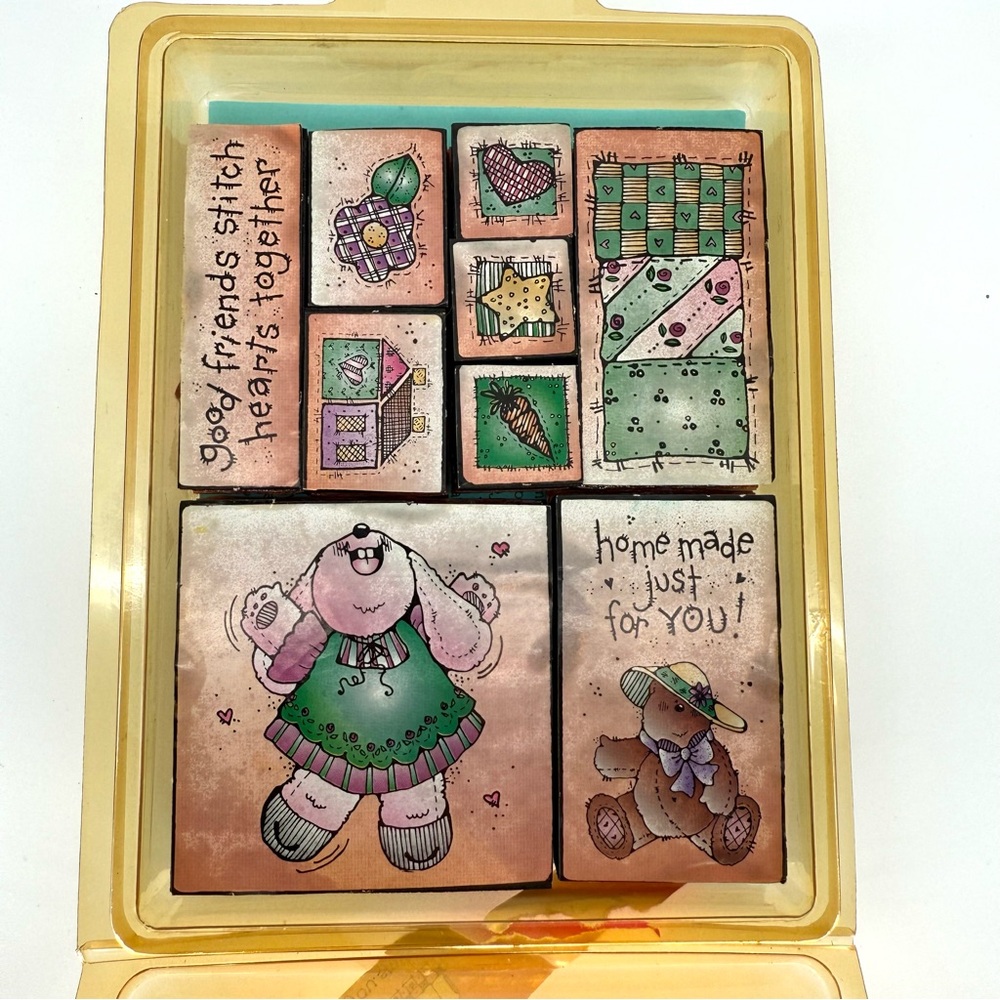 90s Vintage D.J. Inkers "All Stitched Up" Rubber Stamps Bear Bunny Quilts Sewing